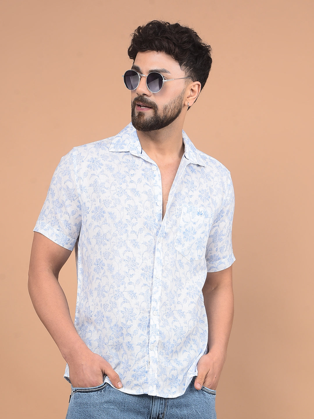 Blue Floral Print Linen Shirt-Men Shirts-Crimsoune Club