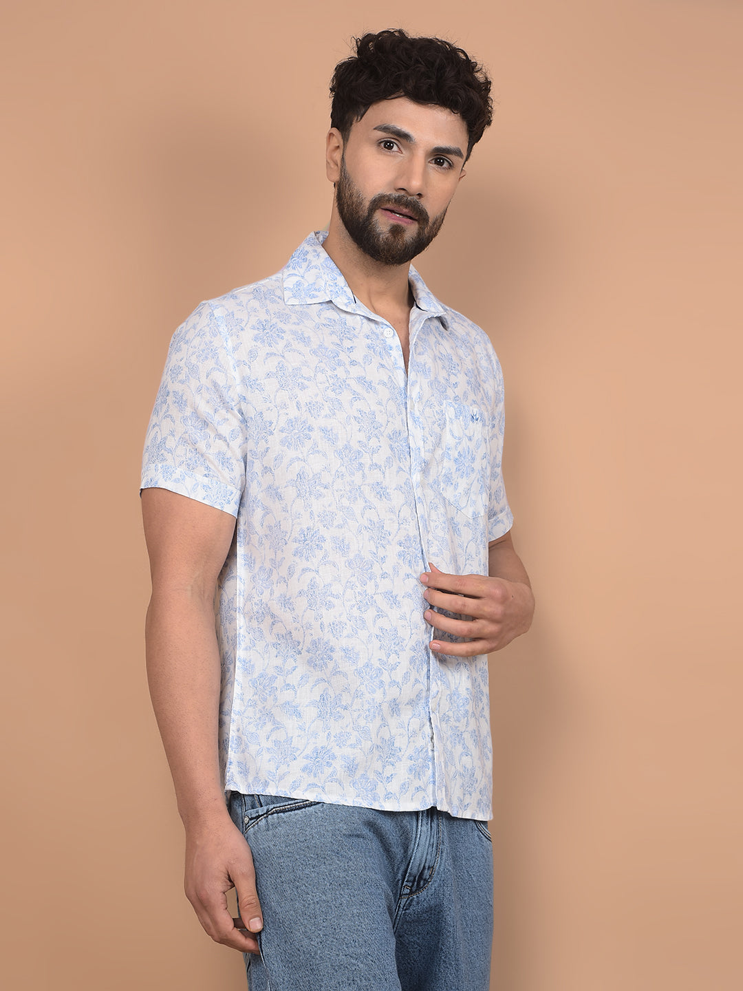 Blue Floral Print Linen Shirt-Men Shirts-Crimsoune Club