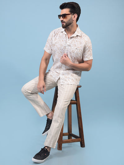 Men's Beige Floral Print Linen Shirt-Men Shirts-Crimsoune Club