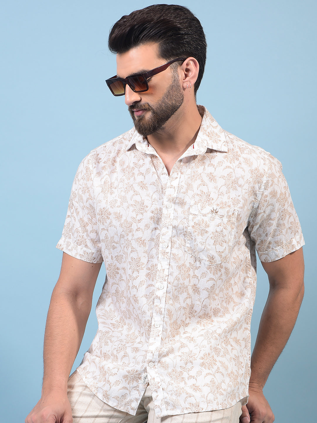 Men's Beige Floral Print Linen Shirt-Men Shirts-Crimsoune Club