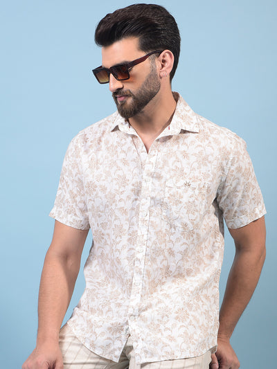Men's Beige Floral Print Linen Shirt-Men Shirts-Crimsoune Club
