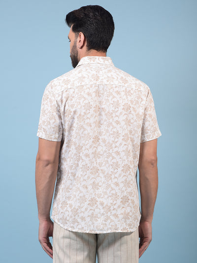 Men's Beige Floral Print Linen Shirt-Men Shirts-Crimsoune Club