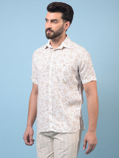 Men's Beige Floral Print Linen Shirt-Men Shirts-Crimsoune Club