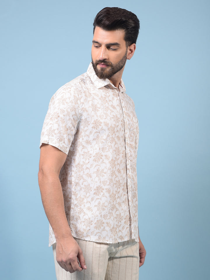 Men's Beige Floral Print Linen Shirt-Men Shirts-Crimsoune Club