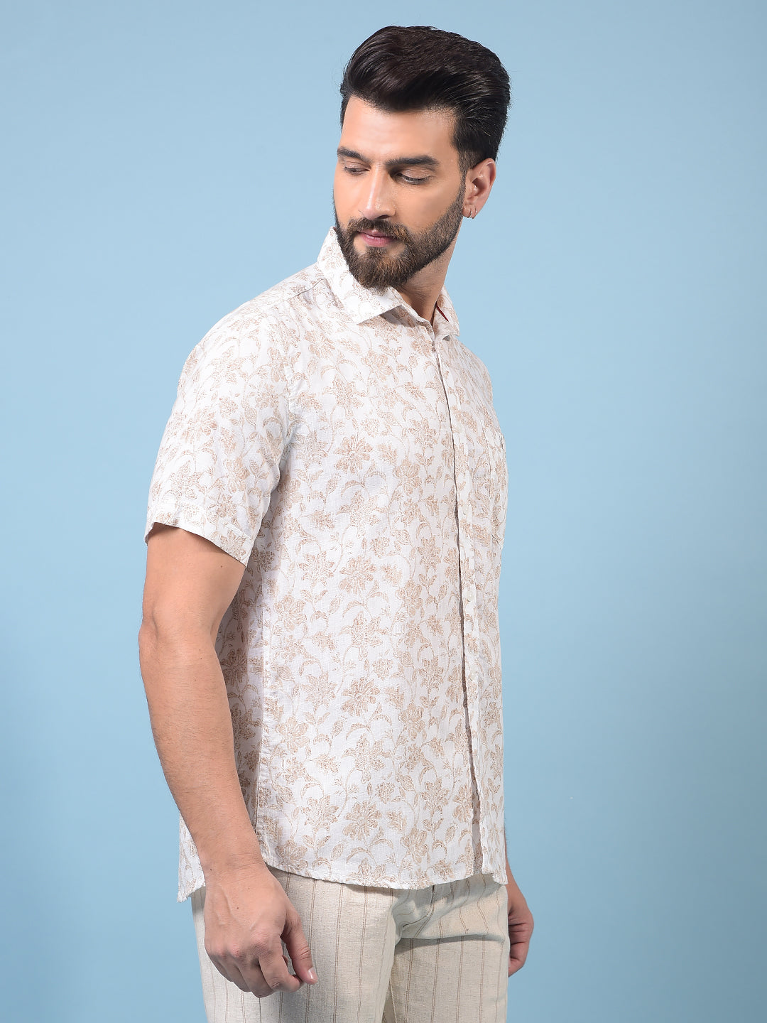 Men's Beige Floral Print Linen Shirt-Men Shirts-Crimsoune Club