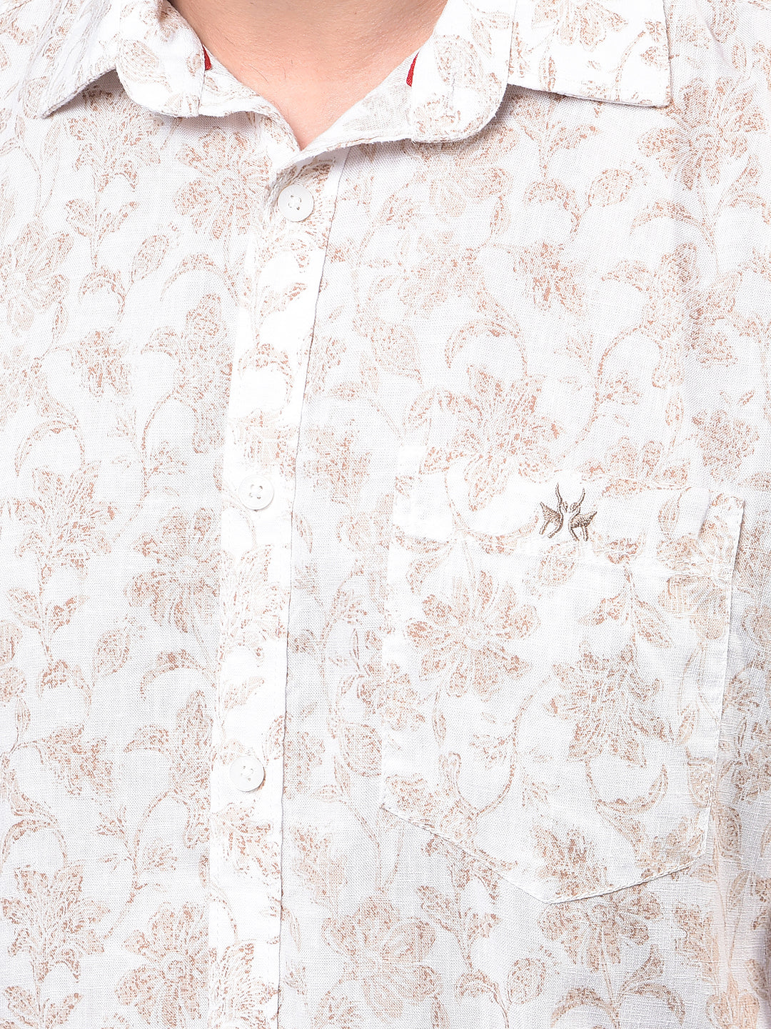Men's Beige Floral Print Linen Shirt-Men Shirts-Crimsoune Club