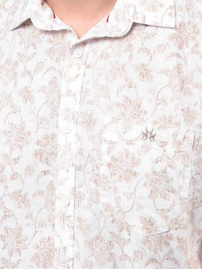 Men's Beige Floral Print Linen Shirt-Men Shirts-Crimsoune Club