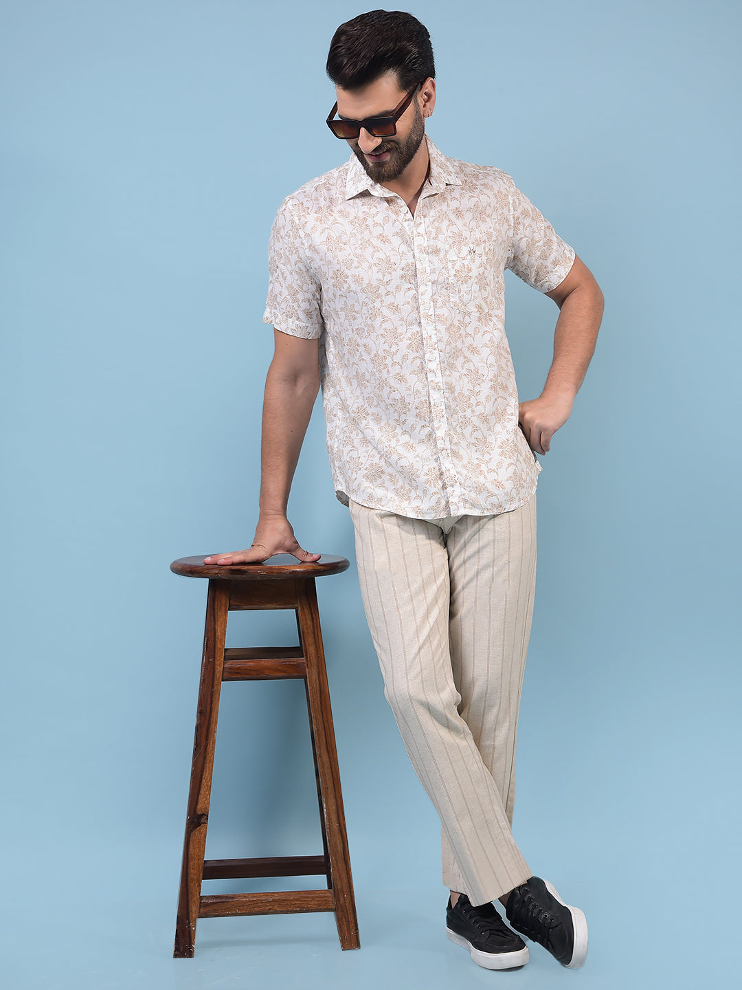 Men's Beige Floral Print Linen Shirt-Men Shirts-Crimsoune Club