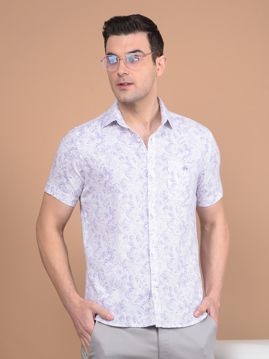 Purple Floral Print 100% Cotton Shirt-Men Shirts-Crimsoune Club