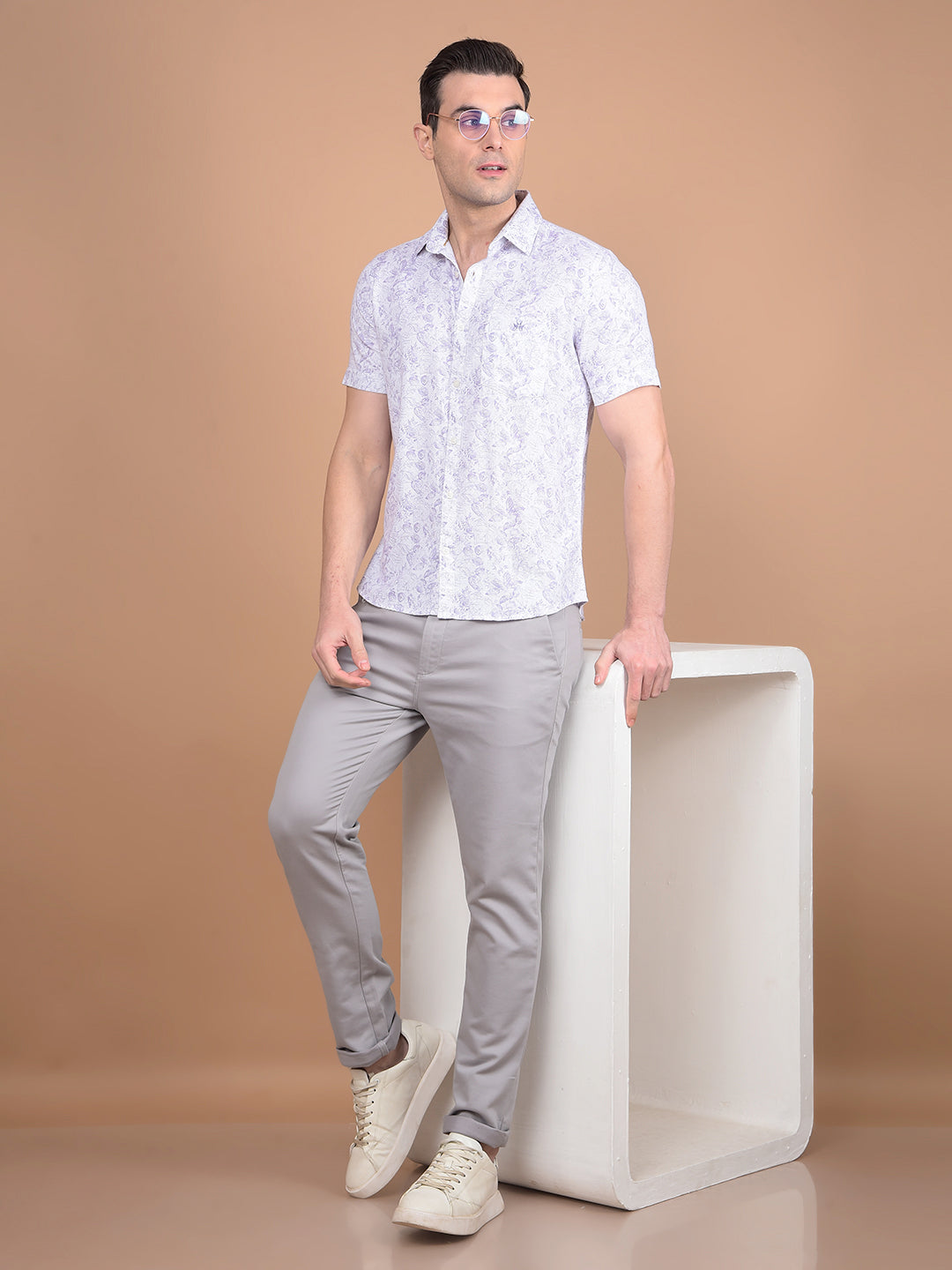 Purple Floral Print 100% Cotton Shirt-Men Shirts-Crimsoune Club