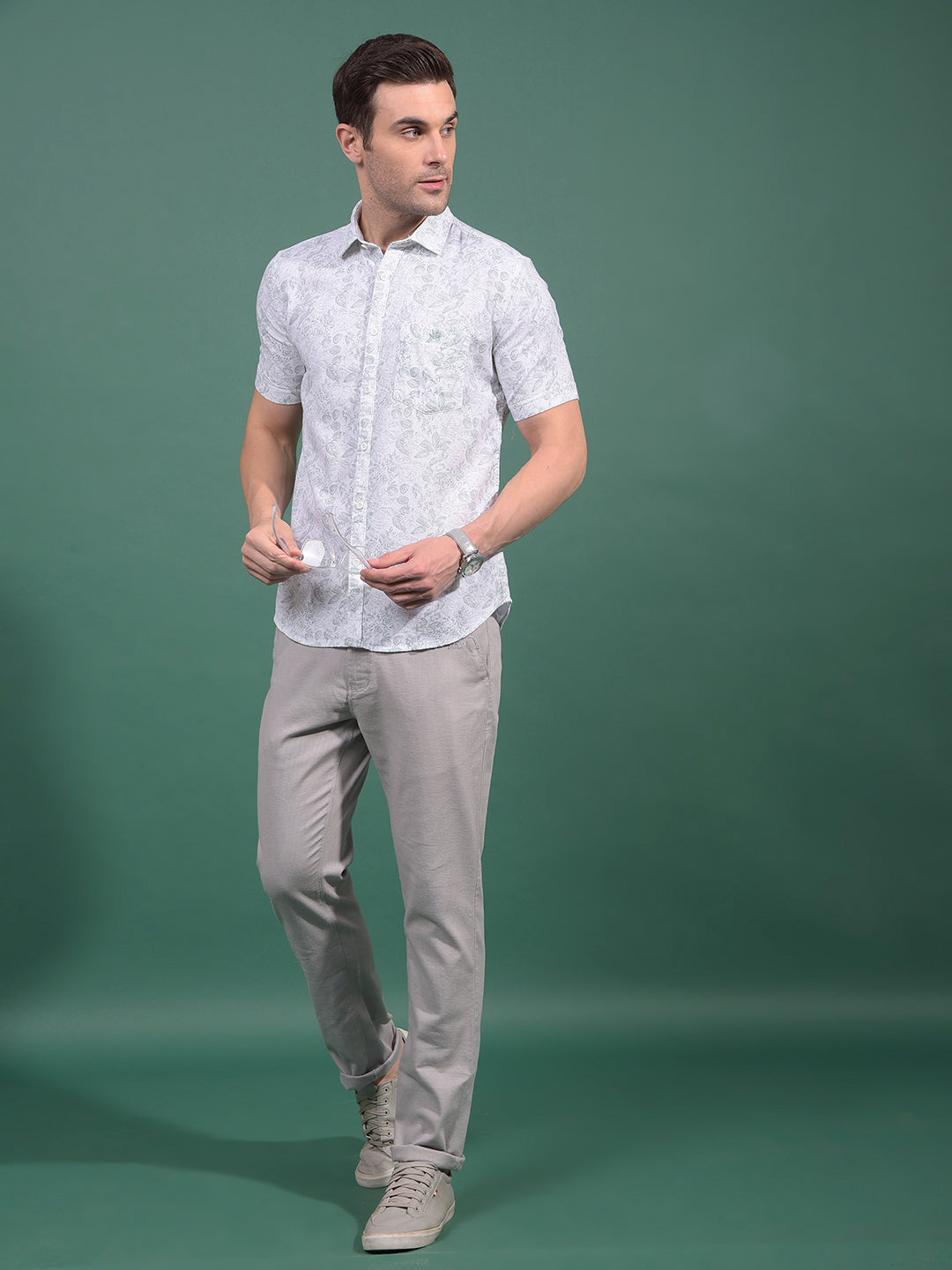 Green Floral Print 100% Cotton Shirt-Men Shirts-Crimsoune Club