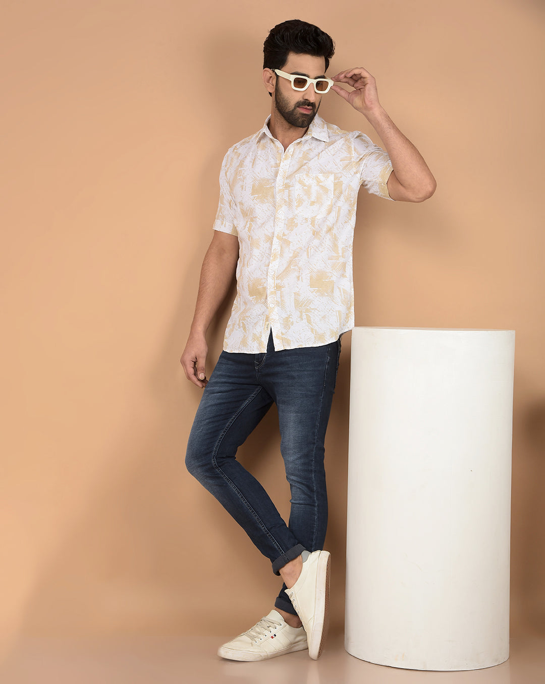 Beige Printed 100% Cotton Shirt-Men Shirts-Crimsoune Club