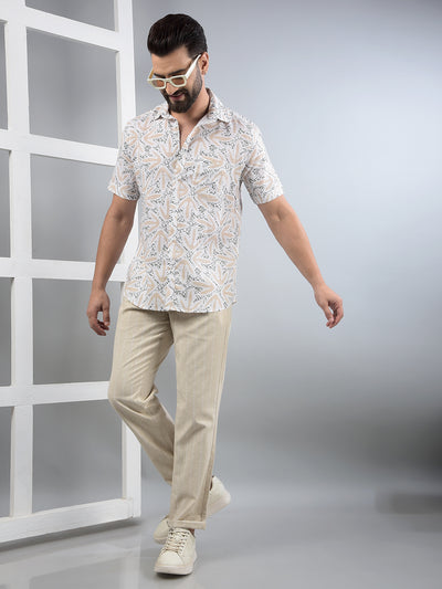Beige Printed Linen Shirt-Men Shirts-Crimsoune Club