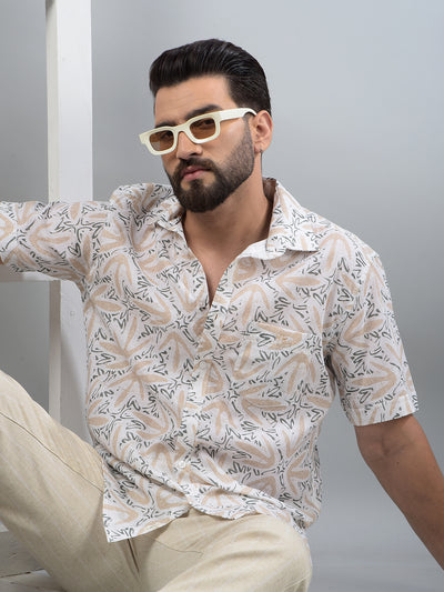 Beige Printed Linen Shirt-Men Shirts-Crimsoune Club