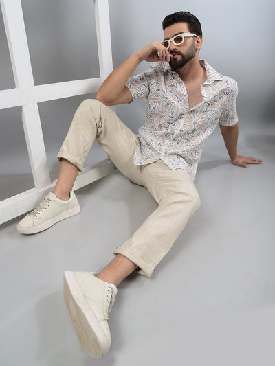 Beige Printed Linen Shirt-Men Shirts-Crimsoune Club