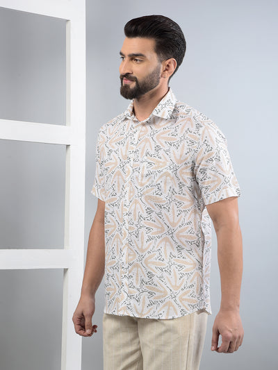 Beige Printed Linen Shirt-Men Shirts-Crimsoune Club