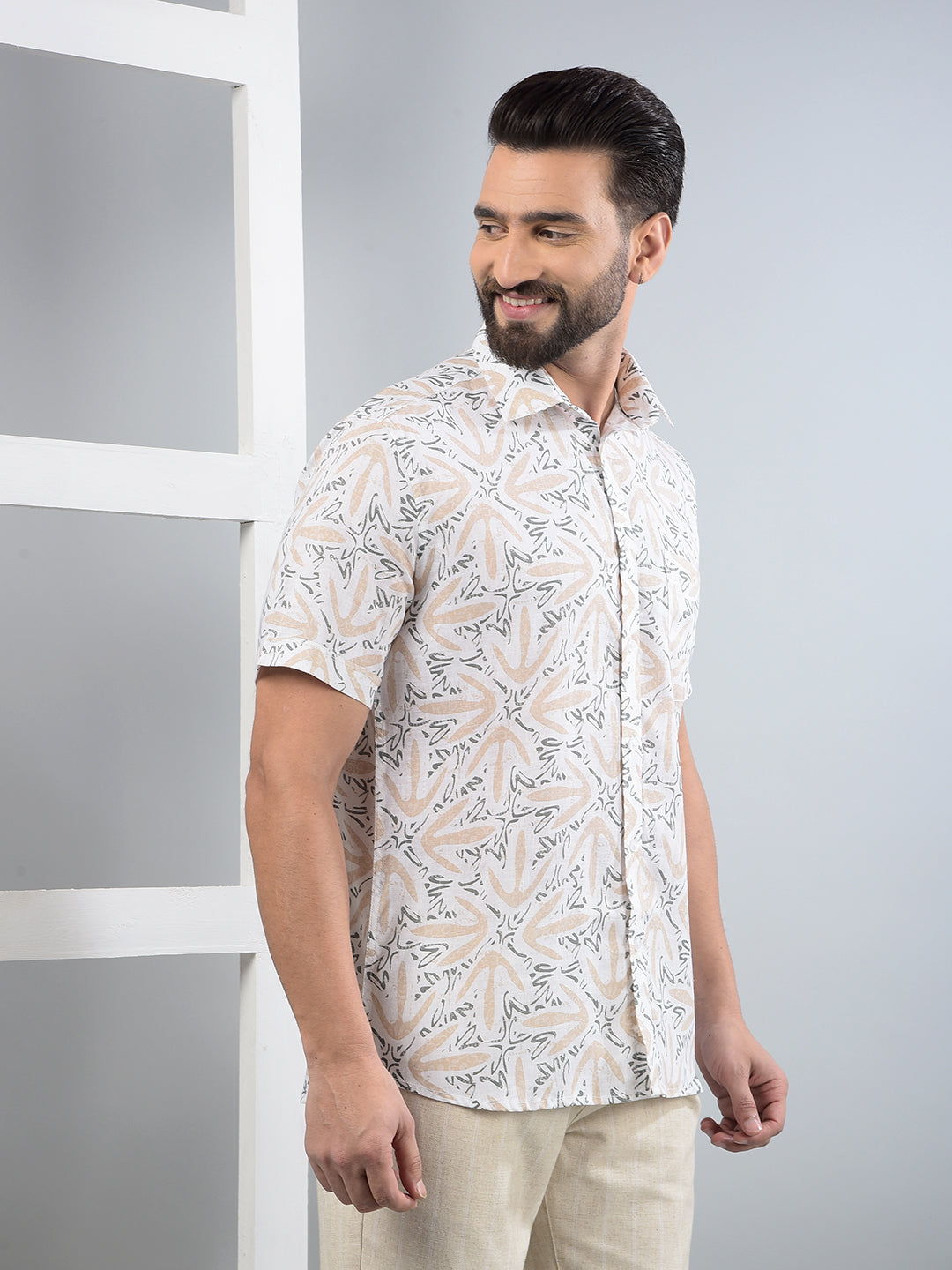 Beige Printed Linen Shirt-Men Shirts-Crimsoune Club
