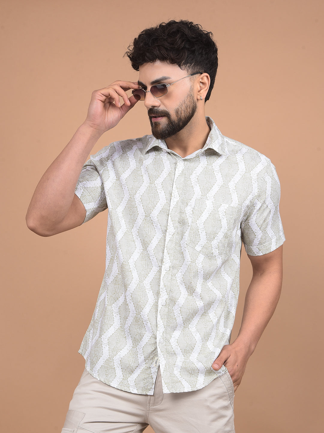 Olive Printed 100% Cotton Shirt-Men Shirts-Crimsoune Club