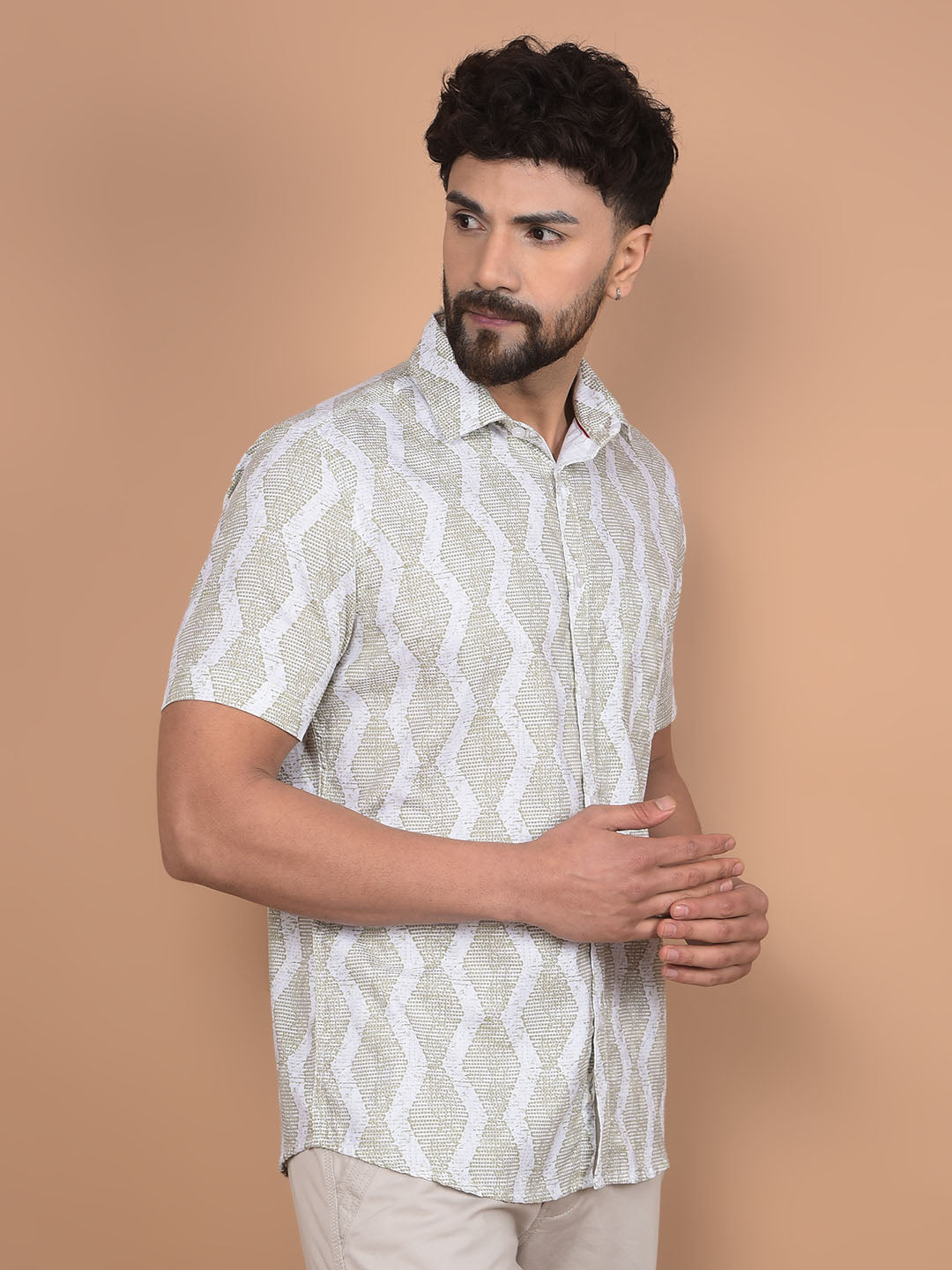 Olive Printed 100% Cotton Shirt-Men Shirts-Crimsoune Club