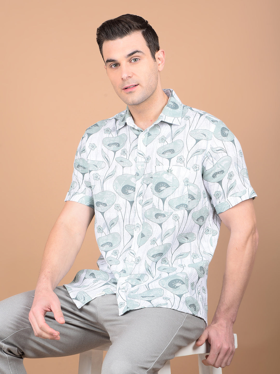 Green Floral Print 100% Cotton Shirt-Men Shirts-Crimsoune Club