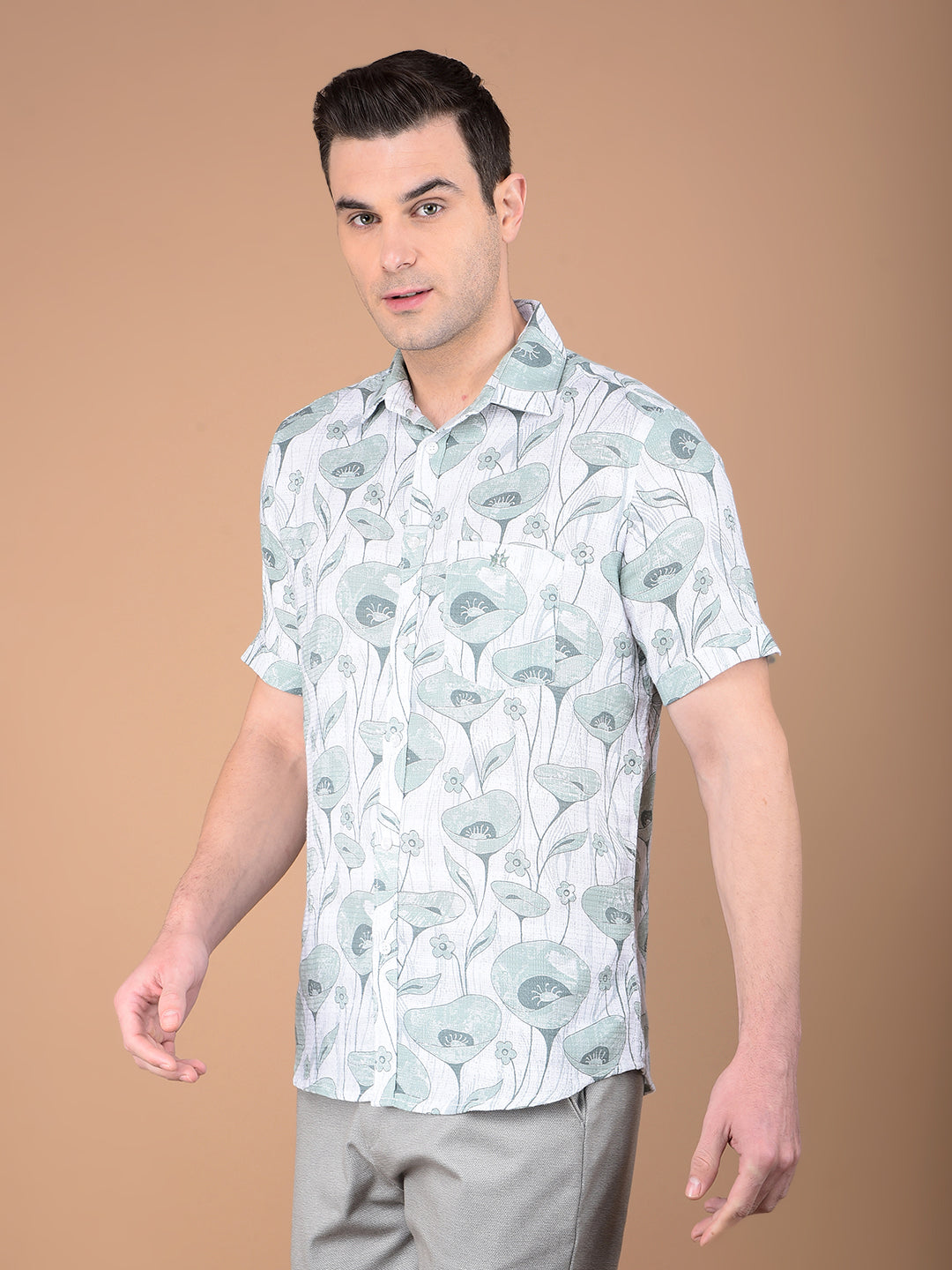 Green Floral Print 100% Cotton Shirt-Men Shirts-Crimsoune Club