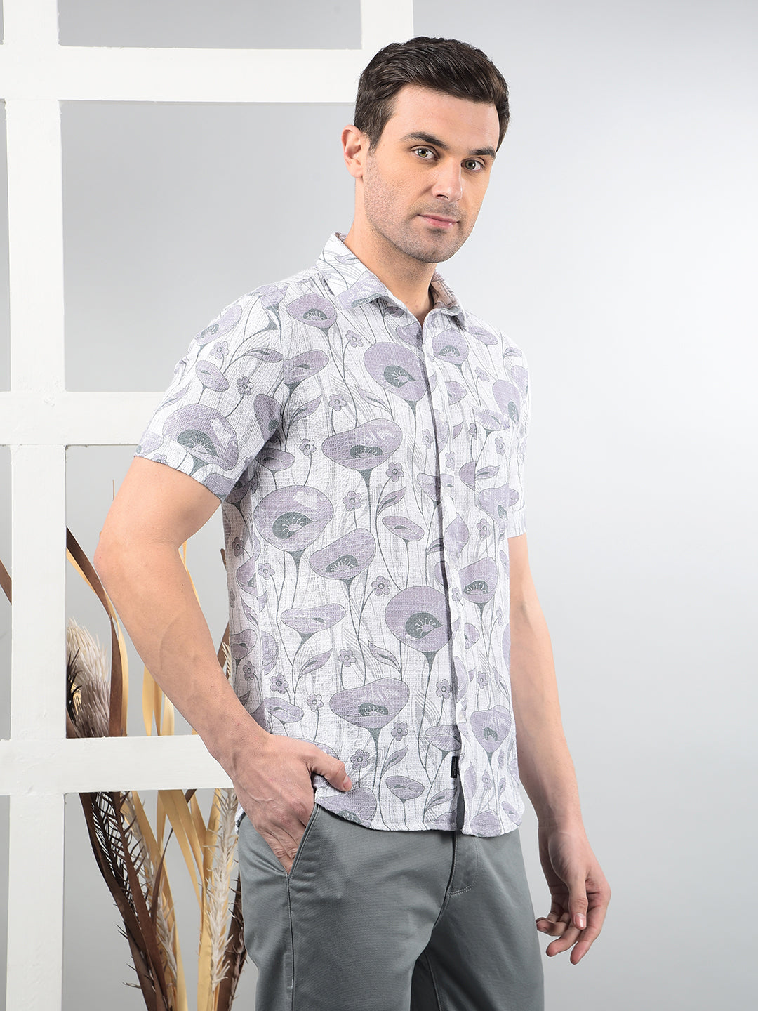 Purple Floral Print 100% Cotton Shirt-Men Shirts-Crimsoune Club