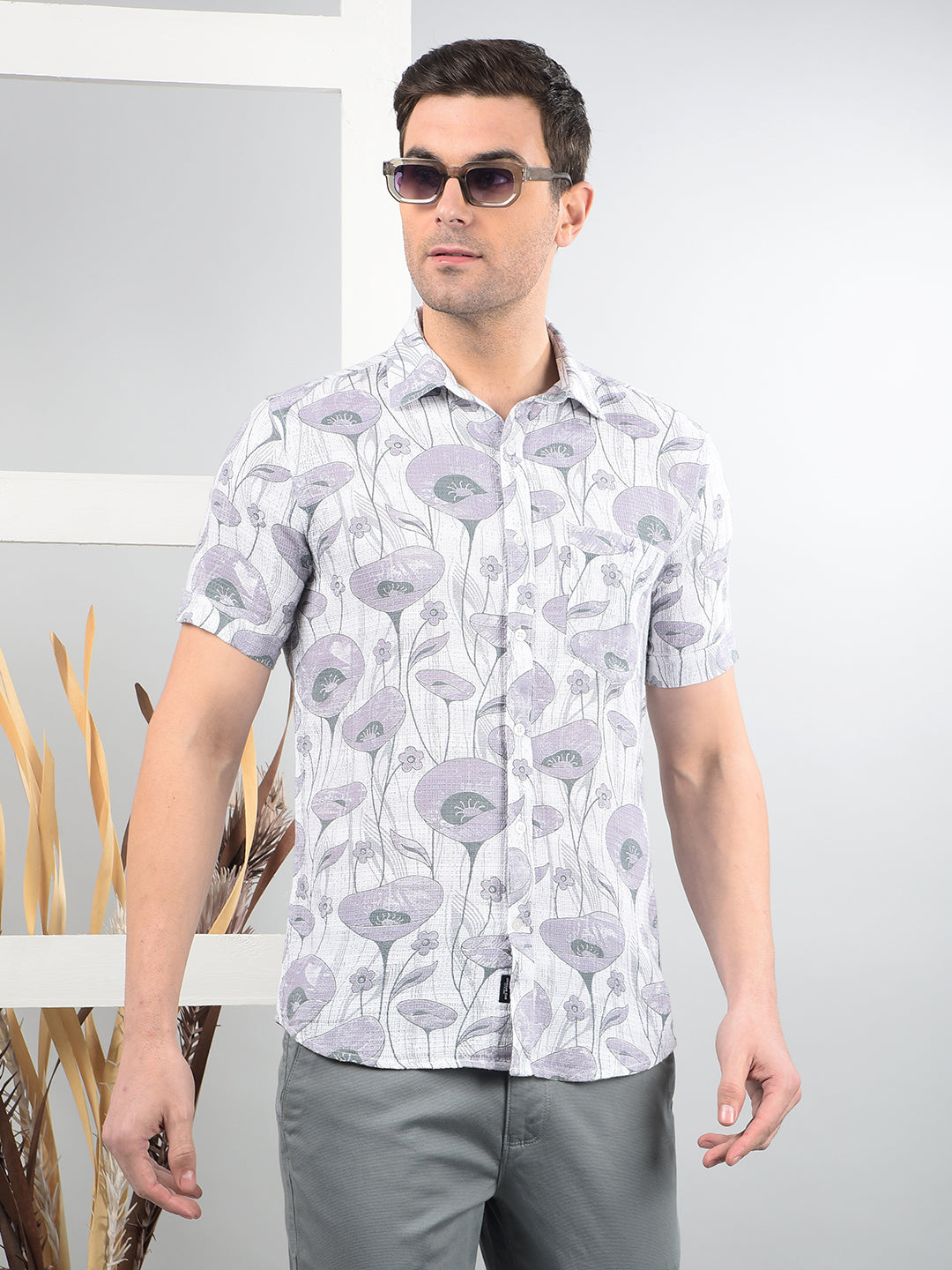Purple Floral Print 100% Cotton Shirt-Men Shirts-Crimsoune Club