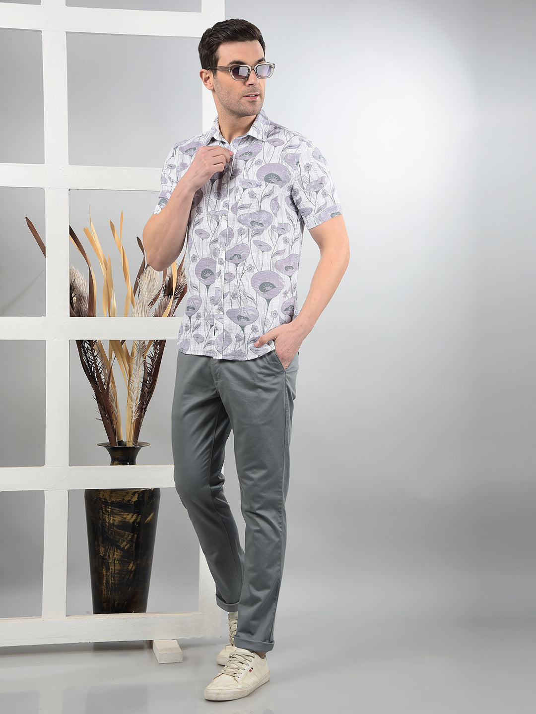 Purple Floral Print 100% Cotton Shirt-Men Shirts-Crimsoune Club