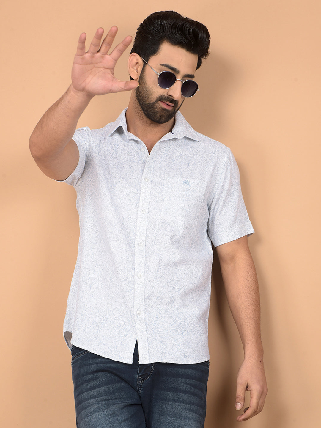 Blue Floral Print 100% Cotton Shirt-Men Shirts-Crimsoune Club