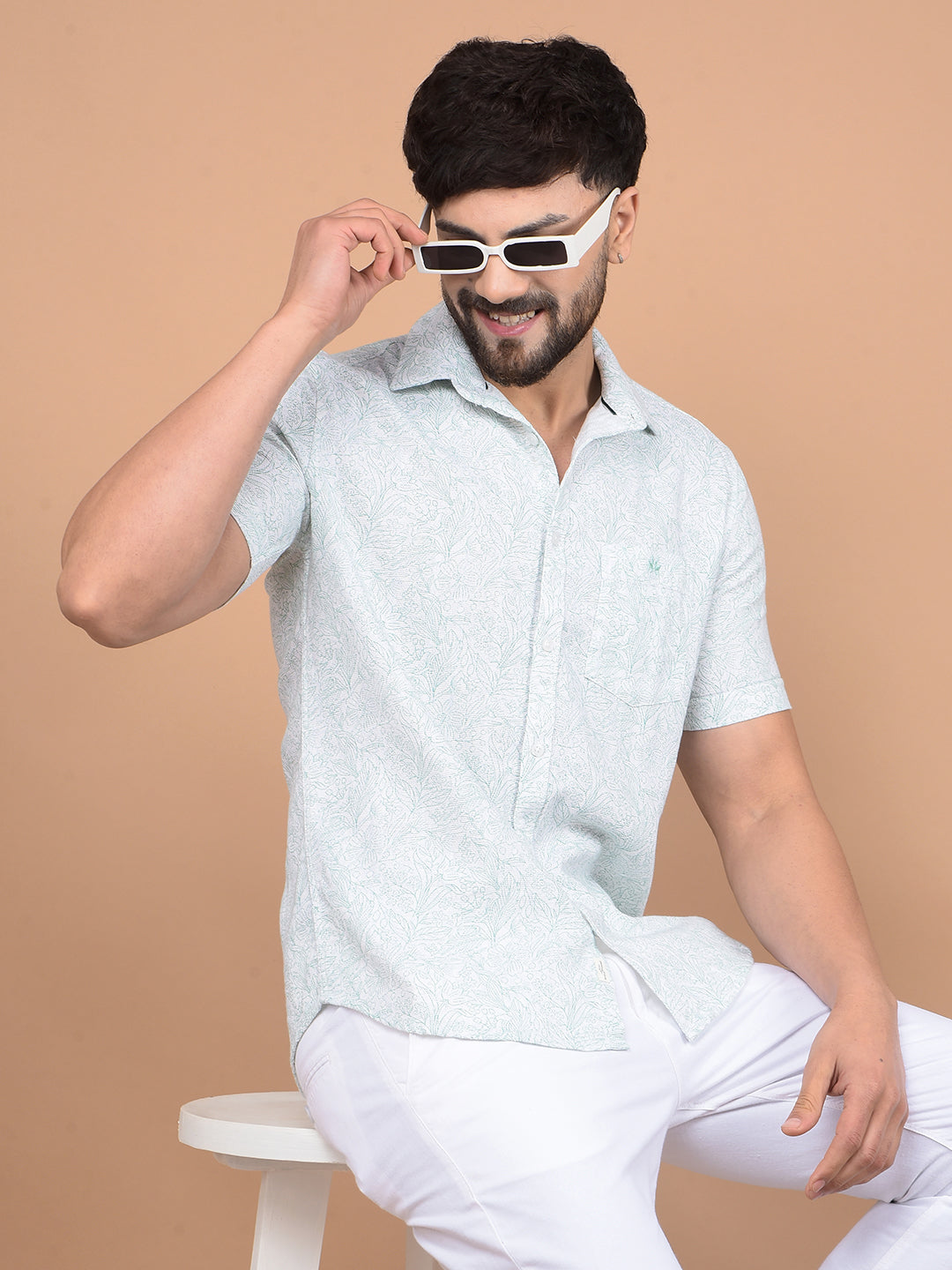 Green Floral Print 100% Cotton Shirt-Men Shirts-Crimsoune Club