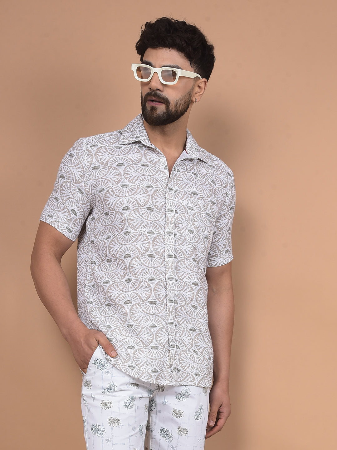 Beige Printed 100% Cotton Shirt-Men Shirts-Crimsoune Club