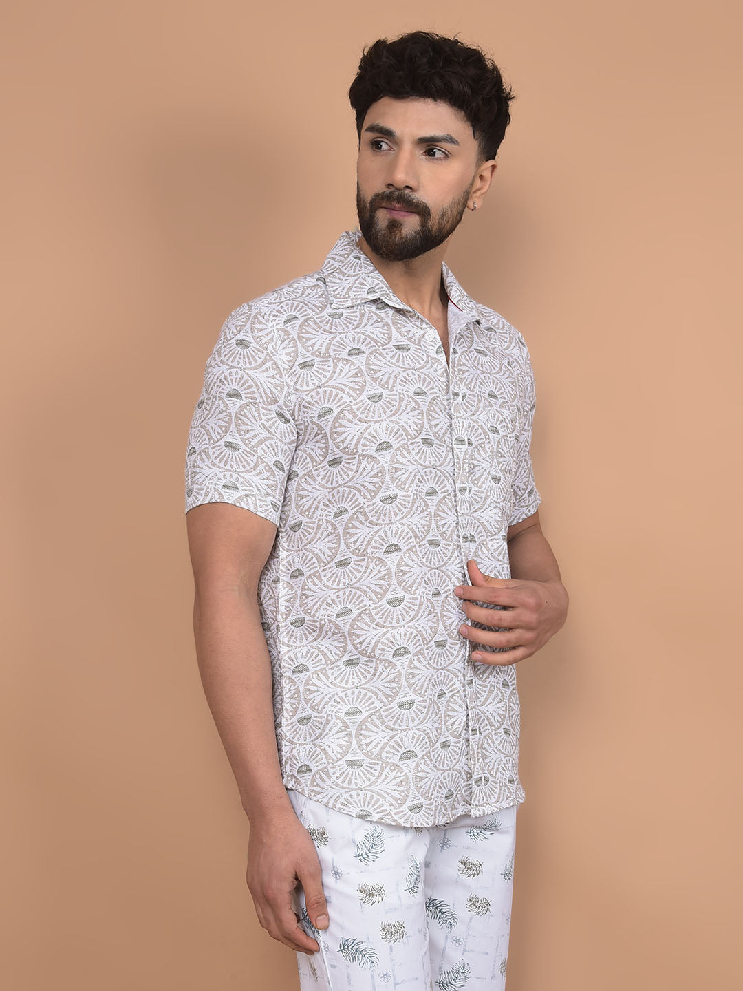 Beige Printed 100% Cotton Shirt-Men Shirts-Crimsoune Club
