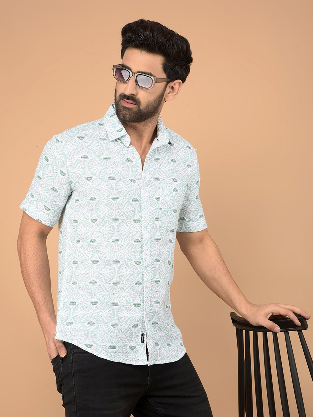 Green Printed 100% Cotton Shirt-Men Shirts-Crimsoune Club