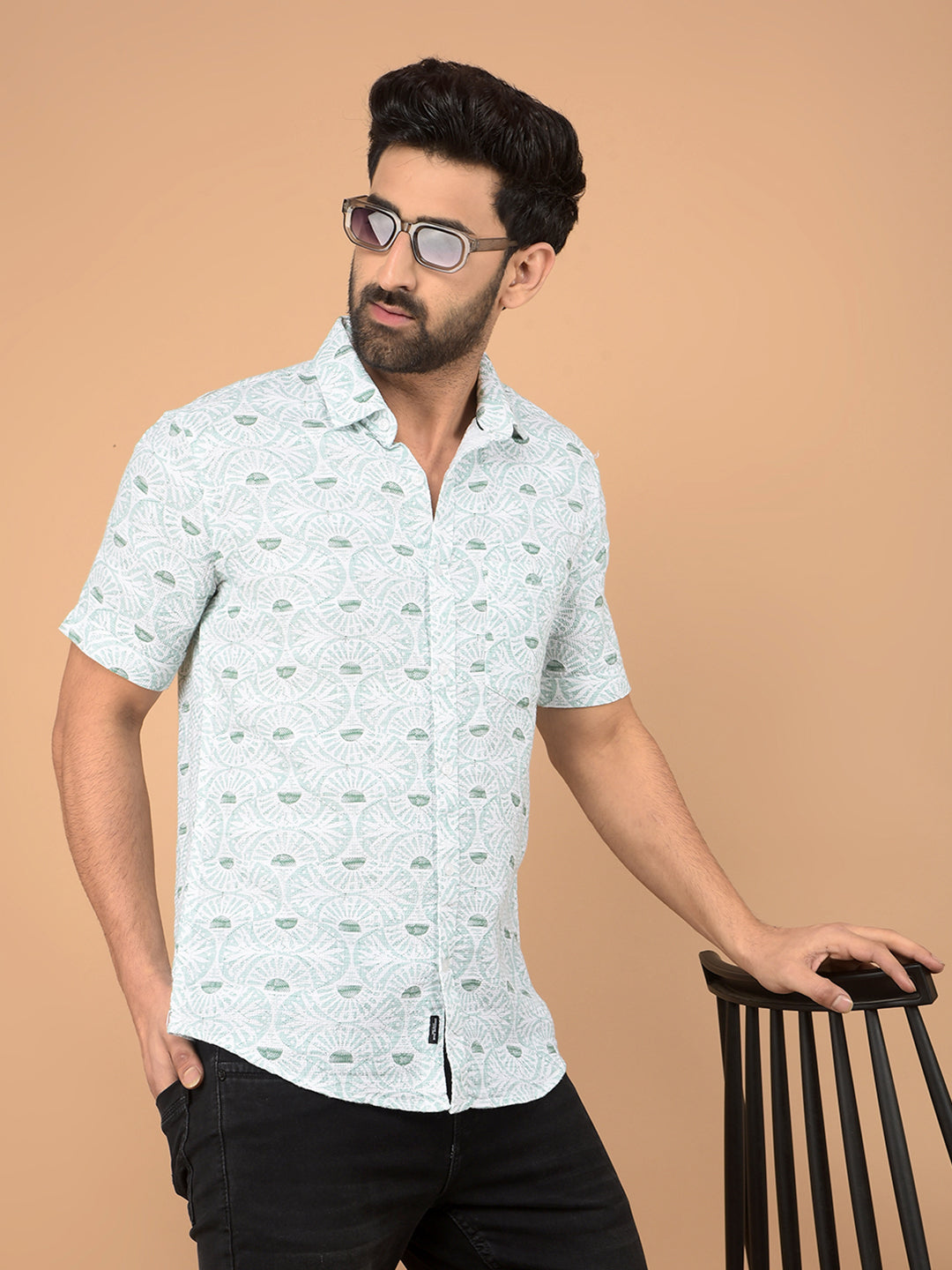 Green Printed 100% Cotton Shirt-Men Shirts-Crimsoune Club