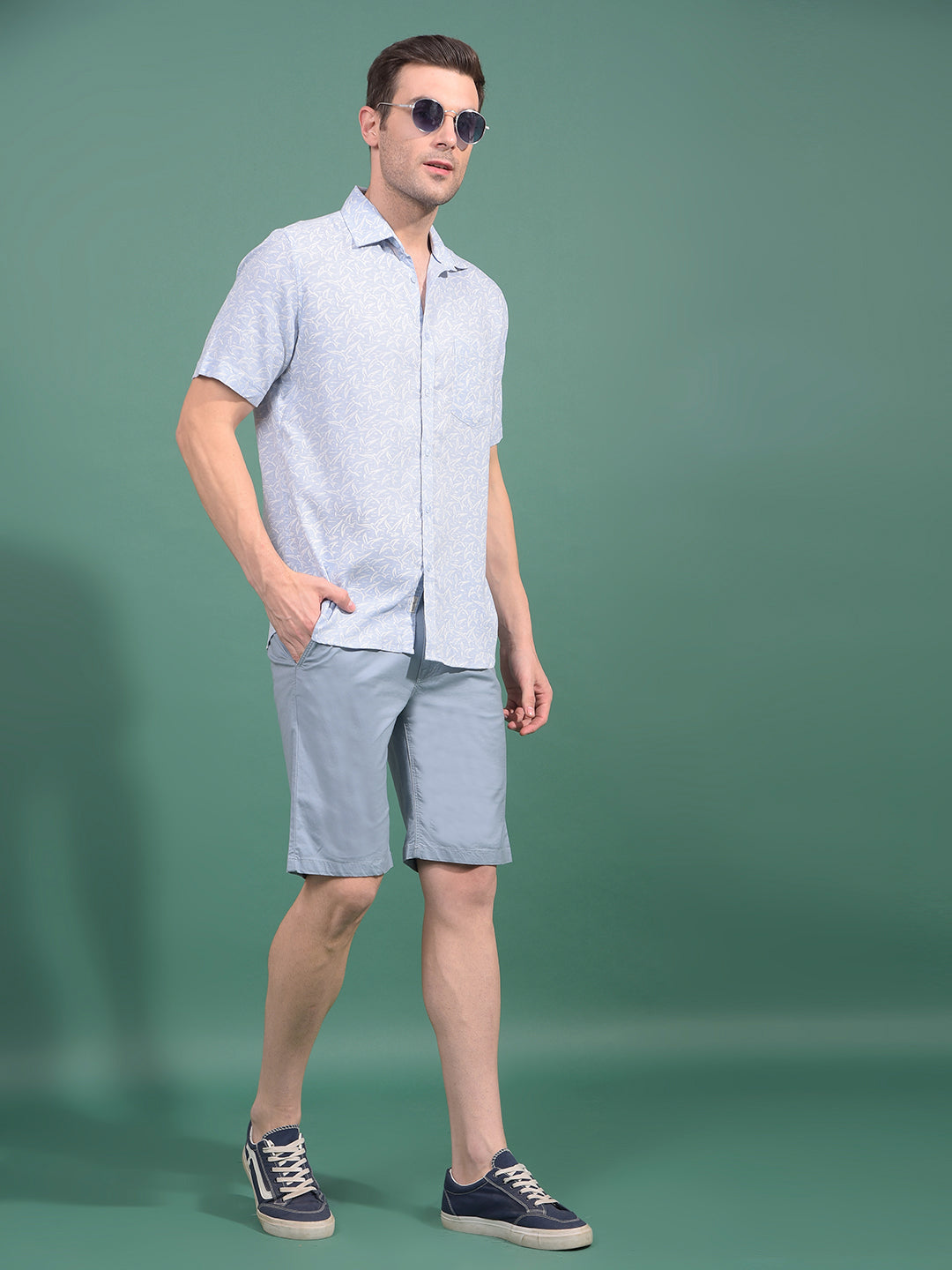 Blue Printed Linen Shirt-Men Shirts-Crimsoune Club