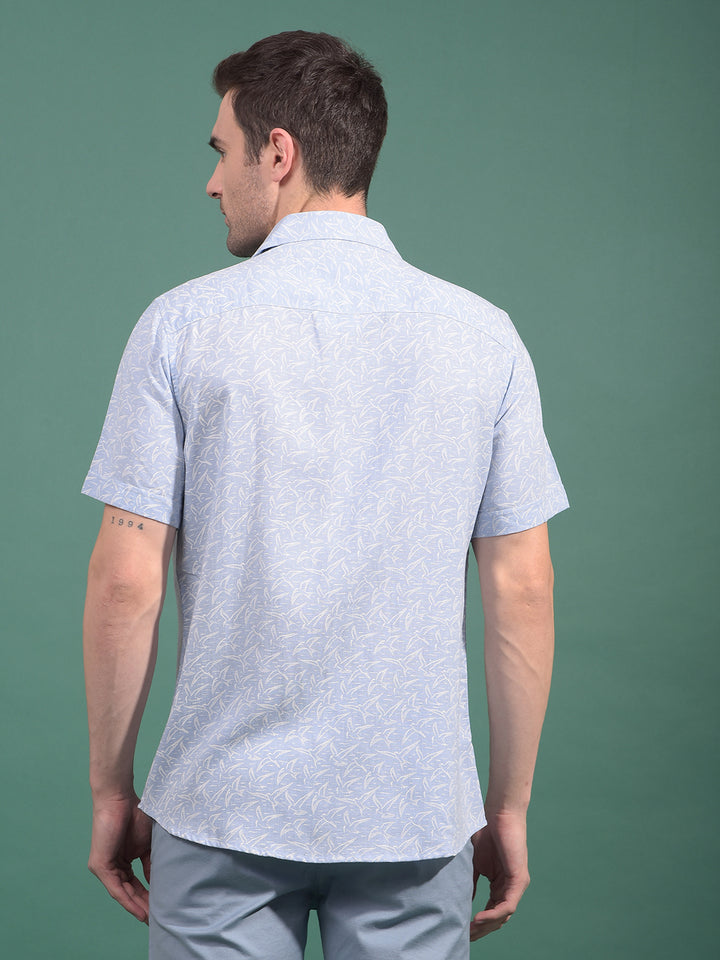 Blue Printed Linen Shirt-Men Shirts-Crimsoune Club