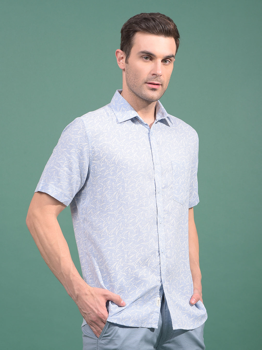 Blue Printed Linen Shirt-Men Shirts-Crimsoune Club