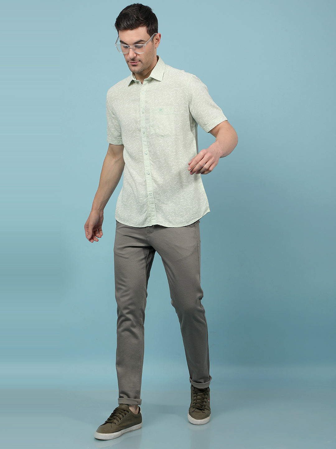 Green Printed Linen Shirt-Men Shirts-Crimsoune Club