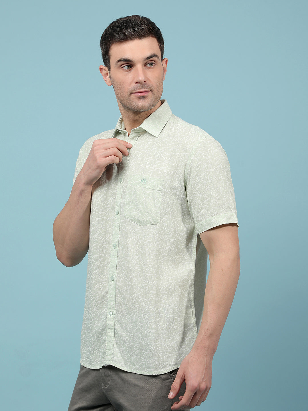 Green Printed Linen Shirt-Men Shirts-Crimsoune Club