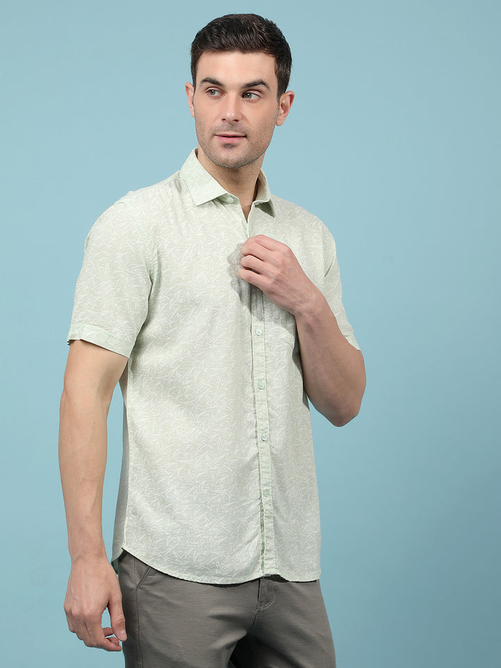Green Printed Linen Shirt-Men Shirts-Crimsoune Club