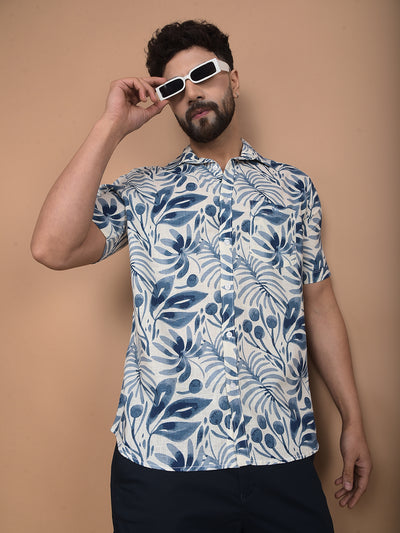 Blue Floral Print Linen Shirt-Men Shirts-Crimsoune Club
