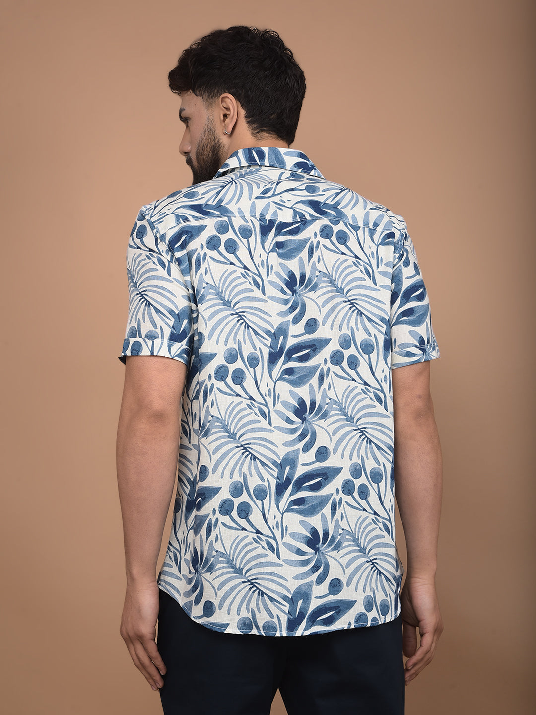 Blue Floral Print Linen Shirt-Men Shirts-Crimsoune Club