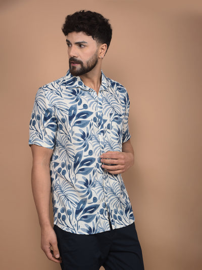 Blue Floral Print Linen Shirt-Men Shirts-Crimsoune Club