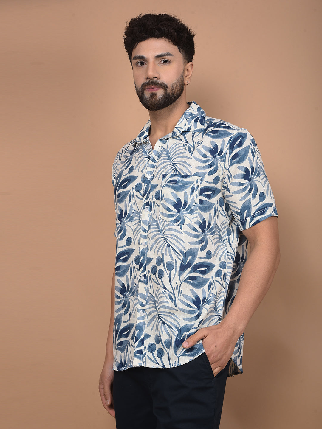 Blue Floral Print Linen Shirt-Men Shirts-Crimsoune Club