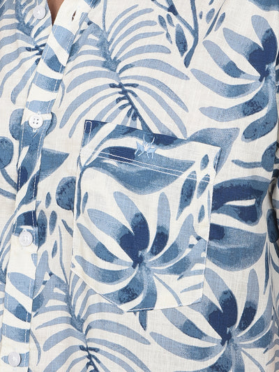 Blue Floral Print Linen Shirt-Men Shirts-Crimsoune Club