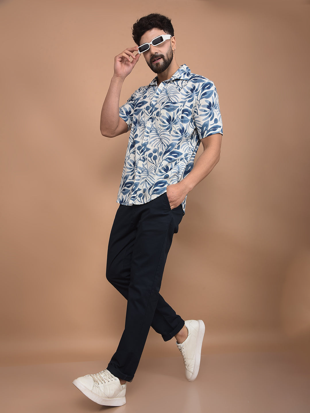 Blue Floral Print Linen Shirt-Men Shirts-Crimsoune Club
