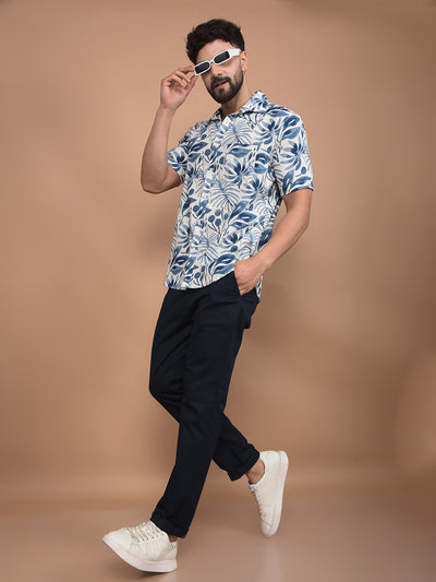 Blue Floral Print Linen Shirt-Men Shirts-Crimsoune Club