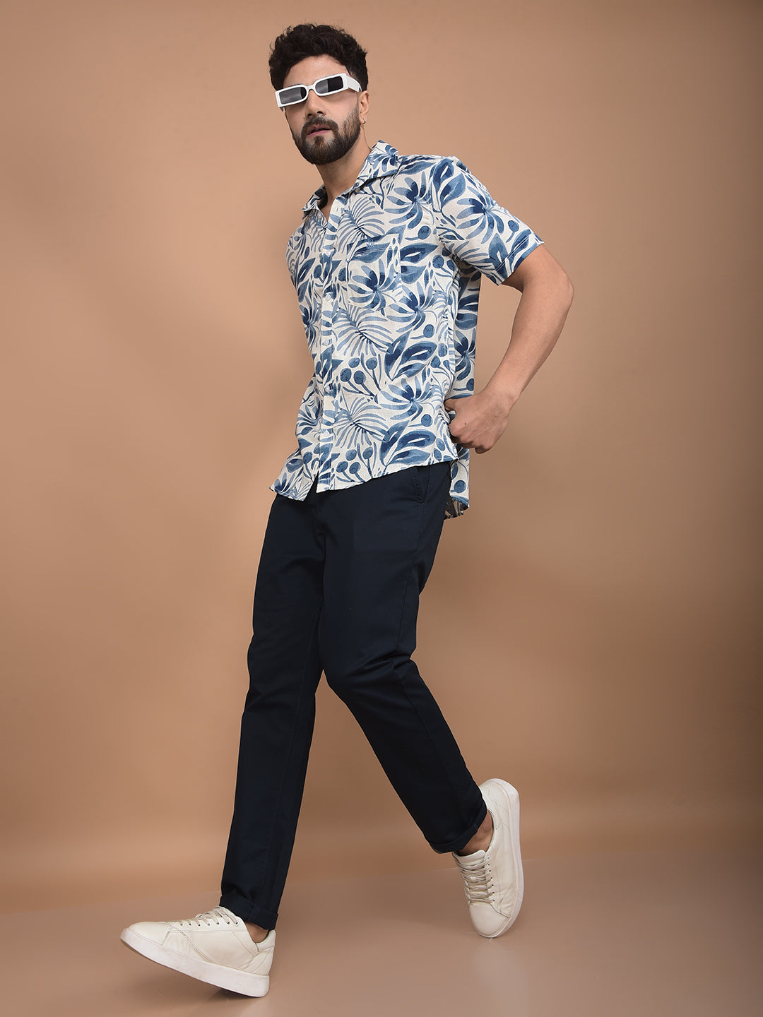 Blue Floral Print Linen Shirt-Men Shirts-Crimsoune Club