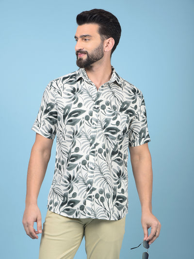 Green Floral Print Linen Shirt-Men Shirts-Crimsoune Club