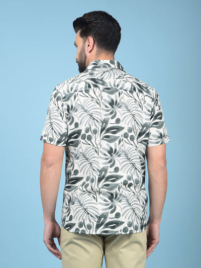 Green Floral Print Linen Shirt-Men Shirts-Crimsoune Club